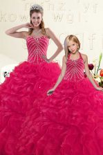 Beautiful Hot Pink Organza Lace Up Quinceanera Dress Sleeveless Floor Length Beading and Ruffles