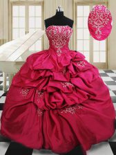  Hot Pink Lace Up Strapless Beading and Embroidery and Pick Ups Vestidos de Quinceanera Taffeta Sleeveless