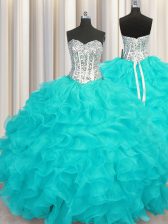 Customized Aqua Blue Organza Lace Up 15 Quinceanera Dress Sleeveless Floor Length Beading and Ruffles