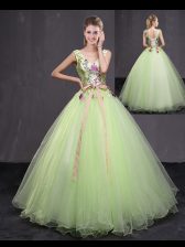 Sweet Floor Length Yellow Green Quinceanera Gown V-neck Sleeveless Lace Up