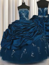 Great Strapless Sleeveless Quince Ball Gowns Floor Length Beading and Appliques and Embroidery and Pick Ups Teal Taffeta