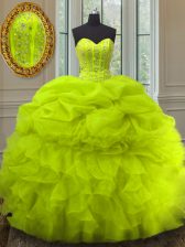  Sleeveless Organza Floor Length Lace Up 15 Quinceanera Dress in Yellow Green with Beading and Ruffles and Pick Ups