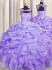  Lavender Vestidos de Quinceanera Military Ball and Sweet 16 and Quinceanera with Beading and Pick Ups Scoop Sleeveless Lace Up