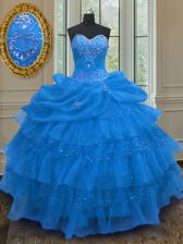 Blue Sweetheart Lace Up Beading and Ruffled Layers and Pick Ups 15 Quinceanera Dress Sleeveless