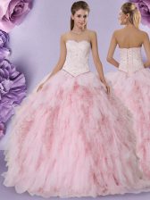  Baby Pink Ball Gowns Beading and Lace and Ruffles Quinceanera Dress Lace Up Tulle Sleeveless Floor Length