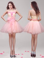  Sleeveless Organza Mini Length Zipper Evening Dress in Pink with Appliques and Hand Made Flower