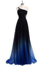Custom Made Navy Blue A-line Chiffon One Shoulder Sleeveless Beading Floor Length Criss Cross Homecoming Dress
