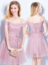 Flare Pink Dama Dress for Quinceanera Prom and Party and Wedding Party with Appliques and Belt Off The Shoulder Sleeveless Lace Up