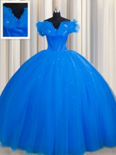 Colorful Off The Shoulder Ruching 15 Quinceanera Dress Royal Blue Lace Up Short Sleeves With Train Court Train