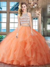 Edgy Orange Two Pieces Organza Scoop Sleeveless Beading and Ruffles With Train Backless Vestidos de Quinceanera Brush Train