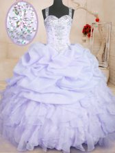  Lavender Ball Gowns Straps Sleeveless Organza Floor Length Zipper Beading and Ruffles and Pick Ups Quinceanera Gowns
