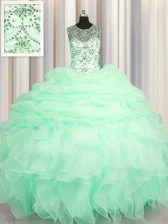 Fine Scoop See Through Sleeveless Organza Floor Length Lace Up Quinceanera Gown in Apple Green with Beading and Ruffles and Pick Ups
