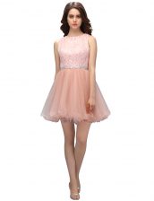 Deluxe Organza Scoop Sleeveless Zipper Beading and Lace Prom Gown in Pink