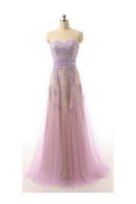 Stunning Lilac Empire Sweetheart Sleeveless Organza Brush Train Zipper Lace and Appliques and Belt Prom Gown