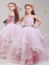  Ball Gowns Flower Girl Dress Baby Pink Straps Tulle Sleeveless Floor Length Lace Up