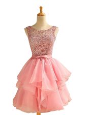 Sumptuous A-line Prom Party Dress Pink Scoop Chiffon Sleeveless Knee Length Lace Up