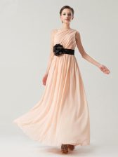  One Shoulder Sleeveless Ankle Length Belt Side Zipper Prom Dresses with Peach