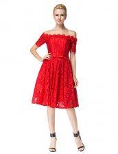  Red Off The Shoulder Neckline Lace Homecoming Dress Sleeveless Zipper
