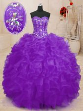 Amazing Floor Length Lace Up Quinceanera Gown Purple for Military Ball and Sweet 16 and Quinceanera with Beading and Ruffles