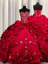 Dynamic Embroidery Sequins Sweetheart Sleeveless Quinceanera Gowns Floor Length Beading and Appliques and Ruffles Red Taffeta