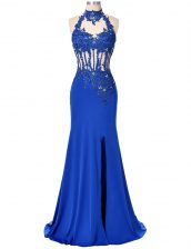 Fashion Royal Blue Backless High-neck Beading and Appliques Evening Dress Elastic Woven Satin Sleeveless