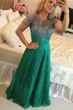 Flare Scoop Green Short Sleeves Lace Zipper Evening Dress for Prom