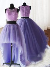 Enchanting Three Piece Lavender Ball Gowns Scoop Sleeveless Organza and Tulle and Lace With Brush Train Zipper Beading and Lace and Ruffles Vestidos de Quinceanera