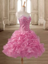  Sleeveless Mini Length Beading and Ruffles Lace Up Homecoming Dress with Pink