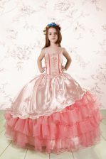 Simple Baby Pink Spaghetti Straps Lace Up Embroidery and Ruffled Layers Little Girls Pageant Gowns Sleeveless