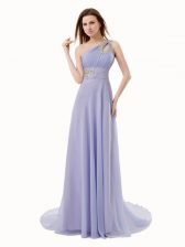 Captivating Lavender One Shoulder Neckline Beading Evening Dress Sleeveless Zipper