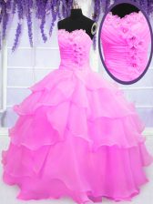Dynamic Hot Pink Organza Lace Up Quinceanera Dress Sleeveless Floor Length Beading and Ruffled Layers