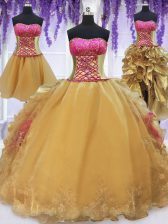 Pretty Four Piece Hot Pink and Gold Lace Up Strapless Beading and Lace and Ruffles Quinceanera Dress Organza and Taffeta Sleeveless Brush Train