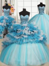 Superior Sweetheart Sleeveless Quinceanera Dresses Floor Length Beading and Ruffles Blue And White Organza and Tulle