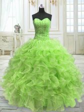 Spectacular Yellow Green Sleeveless Organza Lace Up 15 Quinceanera Dress for Military Ball and Sweet 16 and Quinceanera