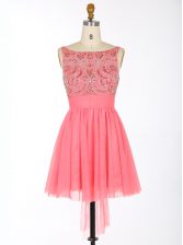 Traditional Backless Scoop Sleeveless Mini Length Beading and Sashes ribbons Watermelon Red Chiffon