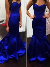 Designer Mermaid Royal Blue Prom Evening Gown Satin Brush Train Sleeveless Ruching