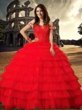  Ruffled Chapel Train Ball Gowns Sweet 16 Quinceanera Dress Red Off The Shoulder Tulle Sleeveless With Train Lace Up