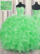  Floor Length Quince Ball Gowns Organza Sleeveless Beading and Ruffles