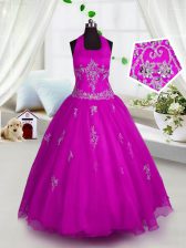  Halter Top Sleeveless Appliques Lace Up Little Girls Pageant Gowns