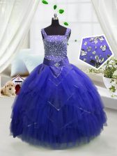  Floor Length Lace Up Little Girl Pageant Dress Royal Blue for Party and Wedding Party with Beading and Ruffles