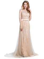  Champagne Scoop Neckline Beading Prom Party Dress Sleeveless Backless