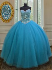 Dazzling Teal Lace Up Quinceanera Gowns Beading Sleeveless Floor Length