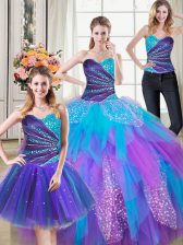 Top Selling Three Piece Sweetheart Sleeveless Tulle Vestidos de Quinceanera Beading and Ruffles Lace Up