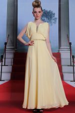  Scoop Light Yellow Chiffon Side Zipper Prom Evening Gown Sleeveless Floor Length Beading