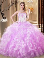  Lilac Ball Gown Prom Dress Military Ball and Sweet 16 and Quinceanera with Embroidery and Ruffles Strapless Sleeveless Lace Up