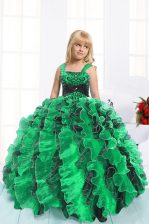  Green Lace Up Girls Pageant Dresses Beading and Ruffles Sleeveless Floor Length