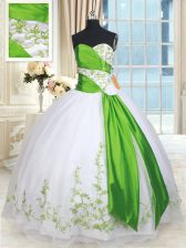  White and Green Sweetheart Neckline Embroidery and Belt and Hand Made Flower Quinceanera Gowns Sleeveless Lace Up