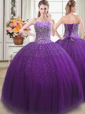  Purple Lace Up Sweet 16 Dresses Beading Sleeveless Floor Length