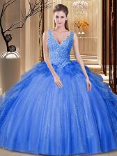 Latest Backless Royal Blue Sleeveless Sequins and Pick Ups Floor Length Sweet 16 Dress