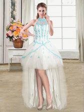  Halter Top See Through White Lace Up Prom Evening Gown Beading and Ruffles Sleeveless High Low